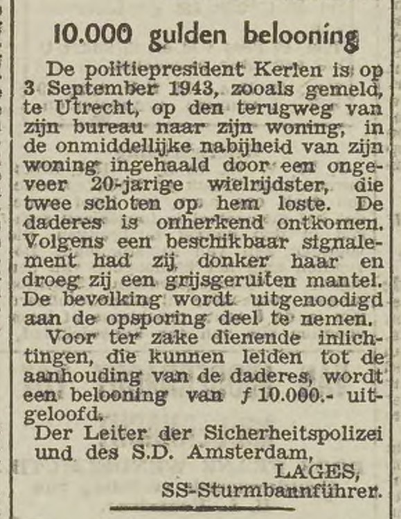 Over ‘10.000 gulden belooning’, namens Lages, SS-Sturmbannführer. 