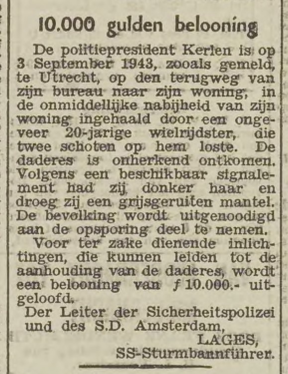 Over ‘10.000 gulden belooning’, namens Lages, SS-Sturmbannführer. 
