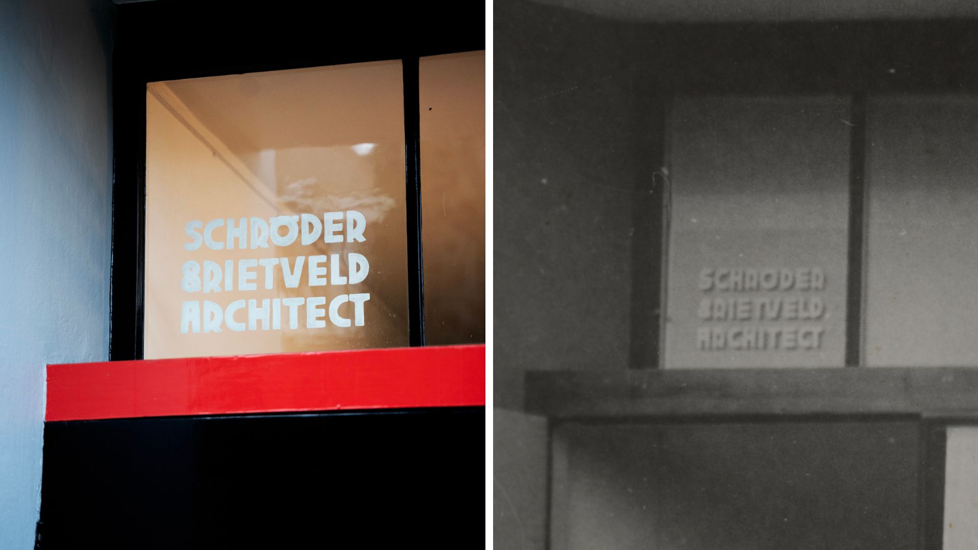 Raamschildering 'Schröder & Rietveld Architect' op Rietveld Schröderhuis Links: Centraal Museum Utrecht / foto Tessa de Geus Rechts: Centraal Museum Utrecht / Rietveld Schröderarchief © Pictoright